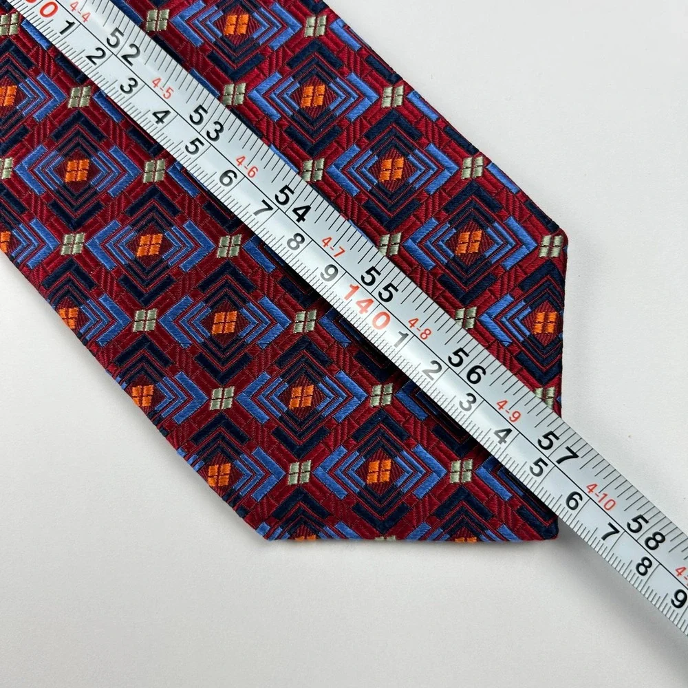 Vintage Mark Pendleton‎ Red Blue Orange Geometric 100% Silk Tie USA